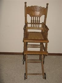 Antique Oak Wood Childs Baby Folding High Chair