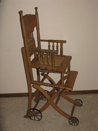 Antique Oak Wood Childs Baby Folding High Chair
