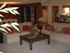 2 Matching Identical Broyhill Cream Couches, Etched Glass & Wood Coffee Table