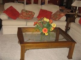 Etched Glass & Wood Coffee Table, Cream Broyhill Couch