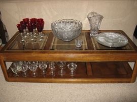 Long Glass & Wood Coffee Table, Ruby Red Wine Glasses, Crystal