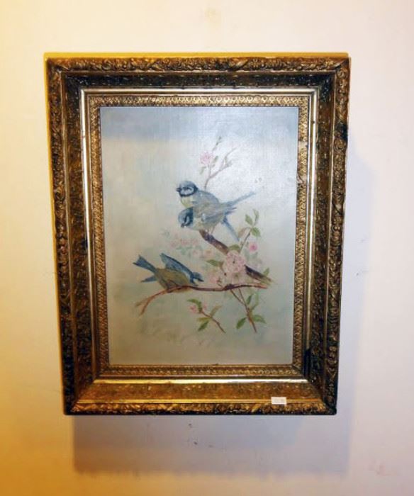 Victorian nesting birds oil painting in gilded frame