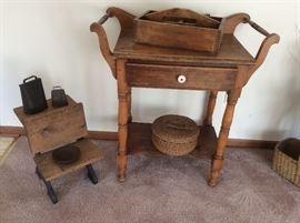 Antique wood tables and child's desk