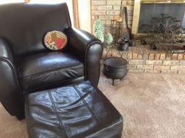 Leather armchair, assorted hearth decor