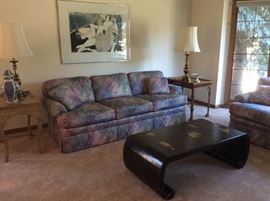 Watercolor print sofa, Asian motif waterfall table
