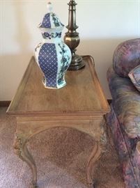 French Country side table, ceramic ginger jar