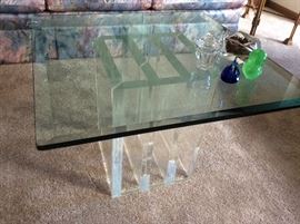 Vintage lucite cocktail table with beveled glass top