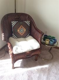 Rattan armchair, mid century brass and glasss table
