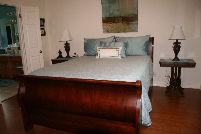 Lovely Queen Sled Bed frame and foot board also Queen spread, shams and pillows