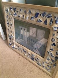Blue & white mosaic framed art