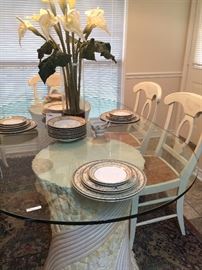 Oval glass top table with six chairs and two matching bar stools