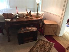 sofa table, traveler's chest, side chest (circa 1890's - pine) lamp, brass and marble sail boats and more!