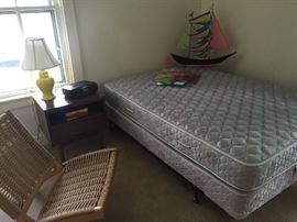 Double bed, mid-century night stand, lamp and jute chair