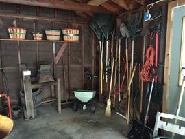 Tools, fertilizer spreader, apple baskets, Apple Press