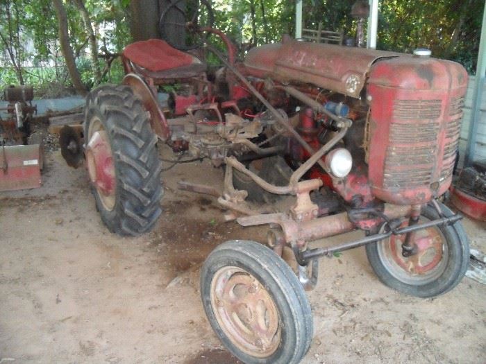 Farmall Super A Tractor With Implements, 3 Point Hitch, Wheel Weights, Harrow, Two Cultivators, 4' Bush Hog, Plus Other Small Attachments 