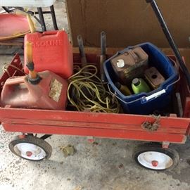Gas cans, miscellaneous items, wood slat wagon