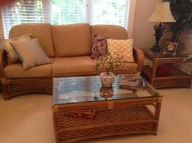 Rattan furniture: sofa, end tables, coffee table
