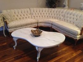 1960s era curved (three section) upholstered sofa in excellent condition & vintage free-form marble top coffee table