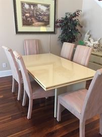 1980s era laminate dining table and 6 upholstered chairs (priced separately)