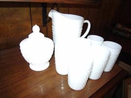 White hobnail milkglass pitcher and 6 glasses and sugar or candy dish