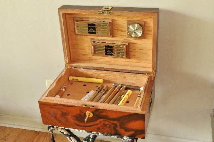 Burled wood humidor with satin wood inlays
