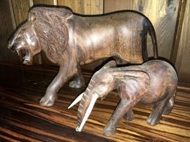 Elephant and Lion wood carving