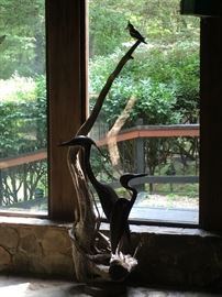 81" tall! On a genuine piece of driftwood. Sculptured wooden birds perched. Signed by Charles Towne.
