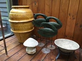 Cement mushroom, metal trio of geese, other garden decor