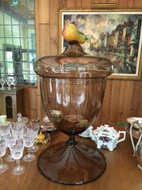 THIS! HUGE Murano glass .... THING! It is 27.5" tall -- smoke color with applied yellow and red glass pear handle on cover. Italy. Pretty darn spectacular.