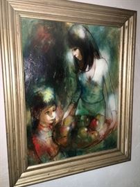 Sweet oil on canvas depicting woman with child. Signed by artist.