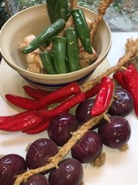 Ceramic red onions, garlic, red and green peppers. Mexico