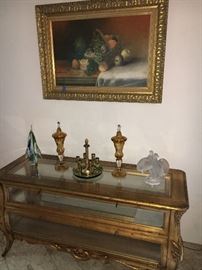 Great gold gilt curio case -- Lalique doves on top