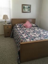 Architectural Modern by Morris bedroom set-bed, nightstand, chest of drawers, dressing table with bench. Original winter scene oil painting