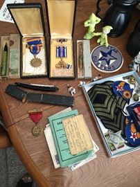 military medals, pins and patches. antique razor