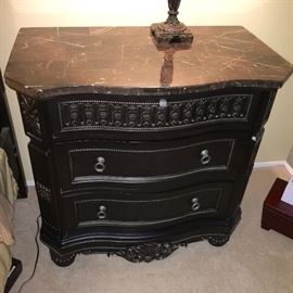Marble top end tables, two.