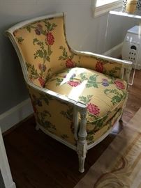 A pair of French Provincial, white trim style chairs, upholstered with high quality designer fabric
