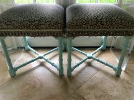 A pair of Fabulous Designer Stools with pale blue bamboo legs