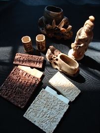 Chinese card cases, Japanese ivory and Satsuma wares. Hard stone brush washers.