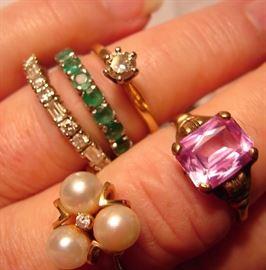 Emeralds, diamonds, pearls, 1950s ring.