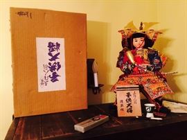 Vintage Japanese Warrior Doll with Crate, Accessories and Glass Case