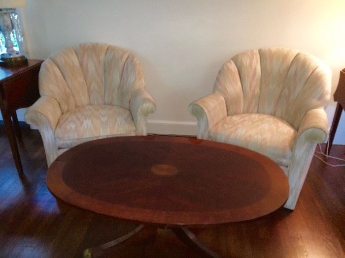 Little scalloped back upholstered easy chairs