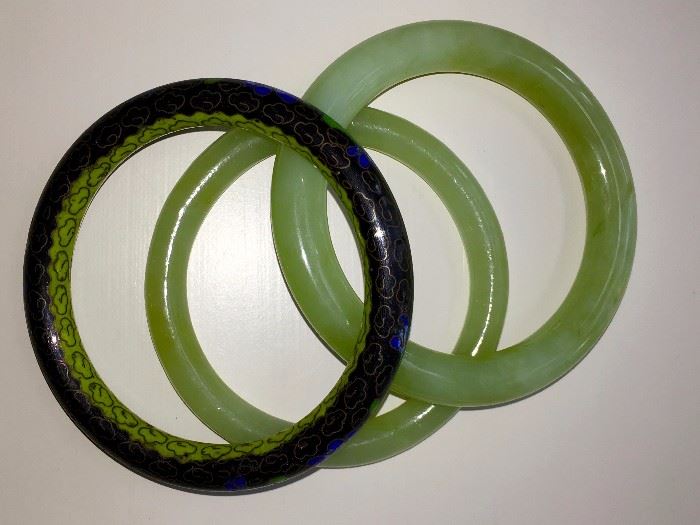 Jade bangles and enameled bracelet