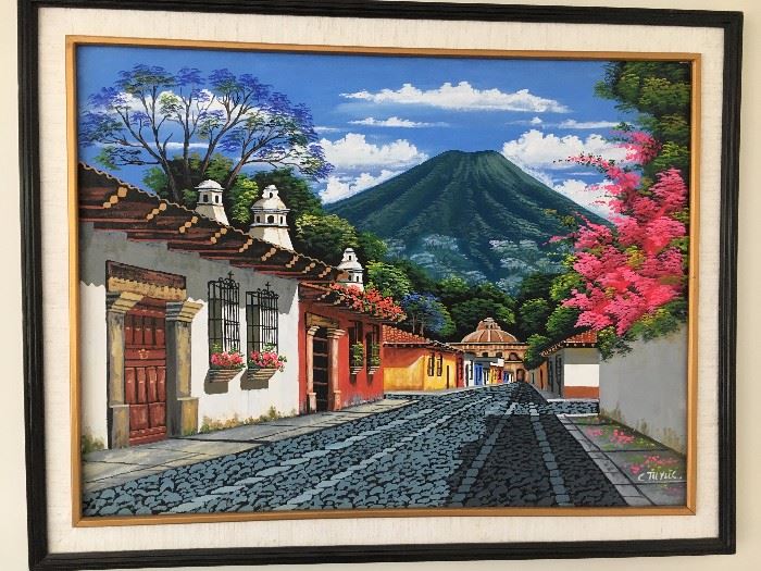 Guatamalan artist - lovely scene in Guatamala with volcano in background