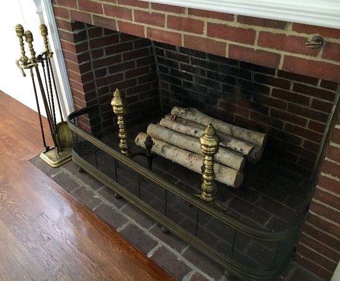Wonderful antique fireplace fender, brass andirons, and fireplace tools
