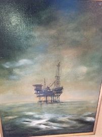 Original oil painting of an offshore oil rig