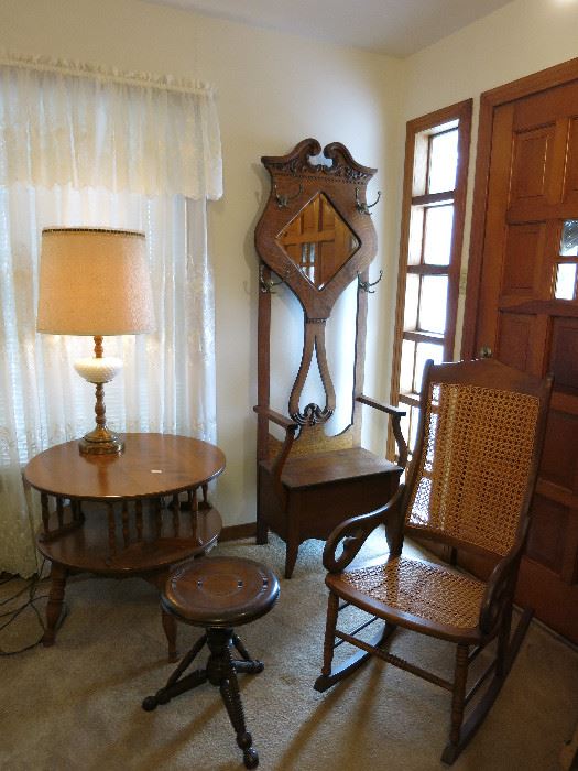 Lamp/Book Table, Vintage Piano Stool, Cane Back/Seat Rocker, Beautiful Hall Tree.  All In Excellent Condition.