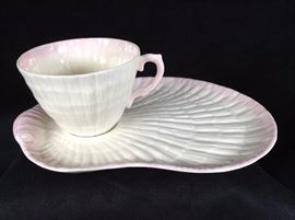 Belleek Limpet pink teacup and biscuit tray 6th mark