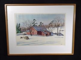 Framed print of farmhouse in winter