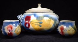 Hand thrown ceramic pot with lid and cups signed