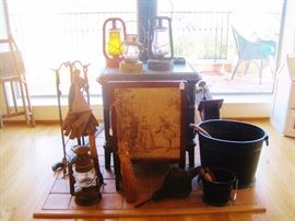 ANTIQUE FIREPLACE SCREEN, VINTAGE KEROSENE LANTERNS, FIEPLACE TOOLS ETC.
